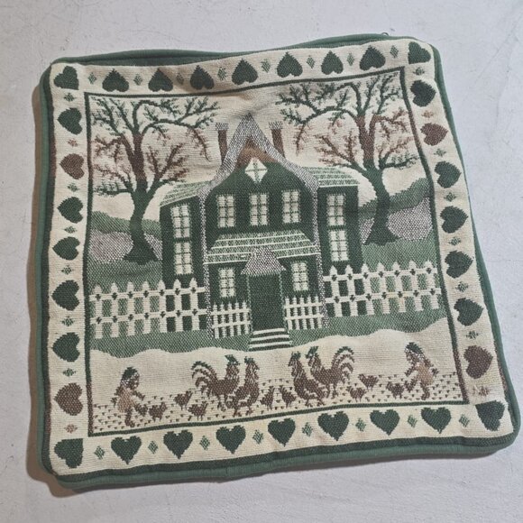 Vintage Embroidered Farm Home Heart Border Chicken Pattern Cushion Pillow Cover - Picture 1 of 2